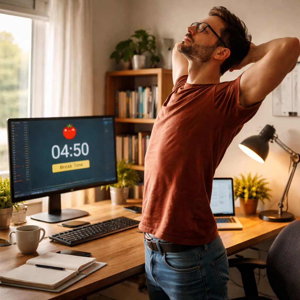 A photorealistic scene of a programmer at a desk, looking at a pomodoro timer on the screen, standing up for a short stretch during a break, realistic lighting, appealing to remote workers and freelancers. Alt: programmer using pomodoro timer for consistent work and avoiding burnout.