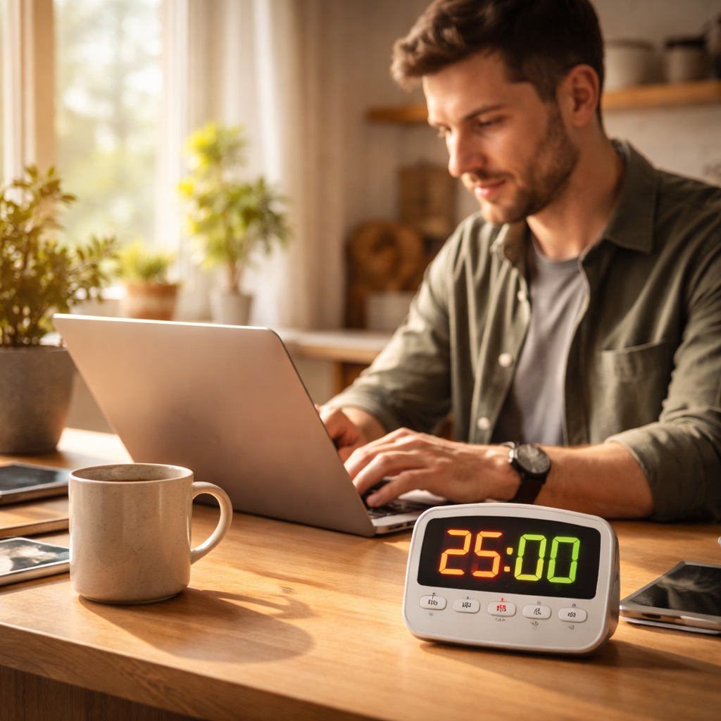 A photorealistic scene of a remote worker at a home desk, laptop open, a bright kitchen timer showing 25:00, a coffee mug nearby, soft natural light, Realism style, appealing to freelancers and remote professionals. Alt: Remote worker using pomodoro timer for focused work.