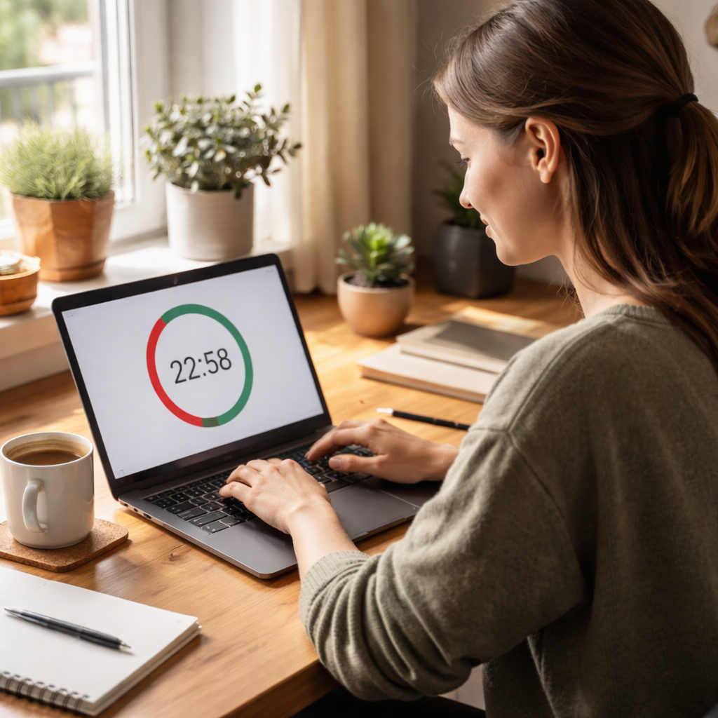 A photorealistic scene of a remote worker at a home desk, laptop open with a pomodoro timer visible, natural light streaming in, a coffee mug beside the keyboard, showing focus and calm. Alt: Remote worker using a pomodoro timer for remote work.