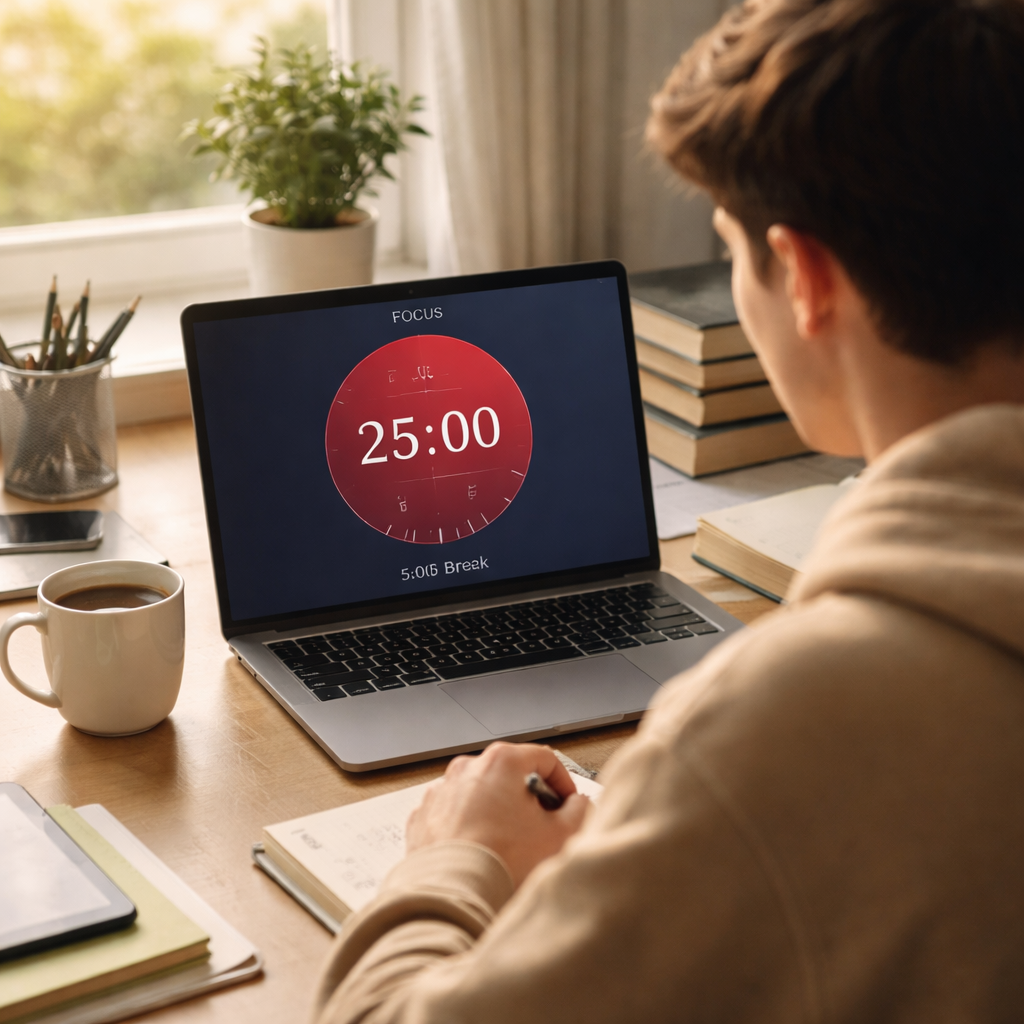 A photorealistic scene of a student sitting at a tidy desk, laptop open, a sleek Pomodoro timer app displayed on screen, a steaming cup of coffee beside the laptop, soft natural light streaming in, emphasizing focus and productivity. Alt: Student using a pomodoro timer for studying.