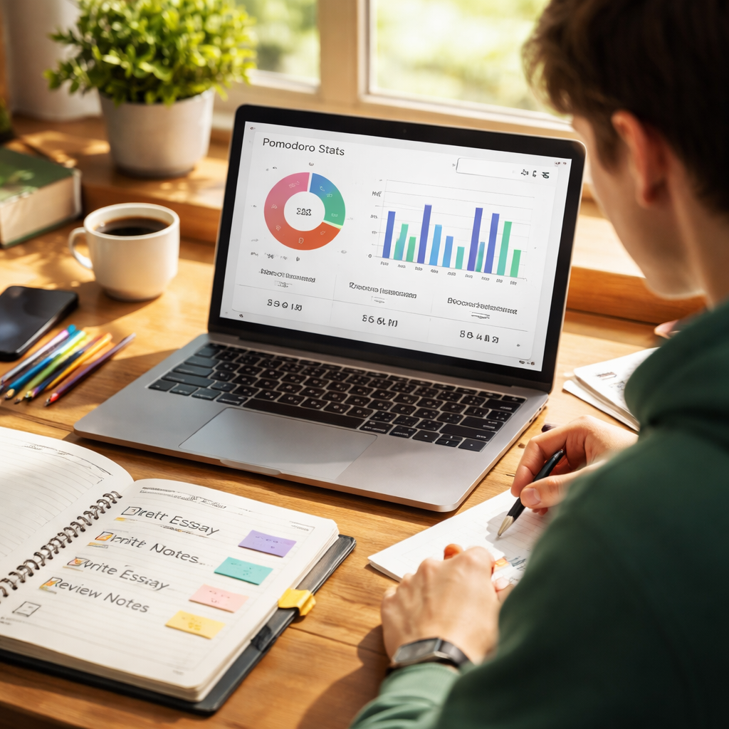 A photorealistic scene of a student at a desk, laptop open with a pomodoro timer app showing a progress chart, a notebook with task labels, natural daylight streaming in, realistic style, focusing on tracking progress and analyzing productivity. Alt: Student reviewing pomodoro stats on a laptop while studying.