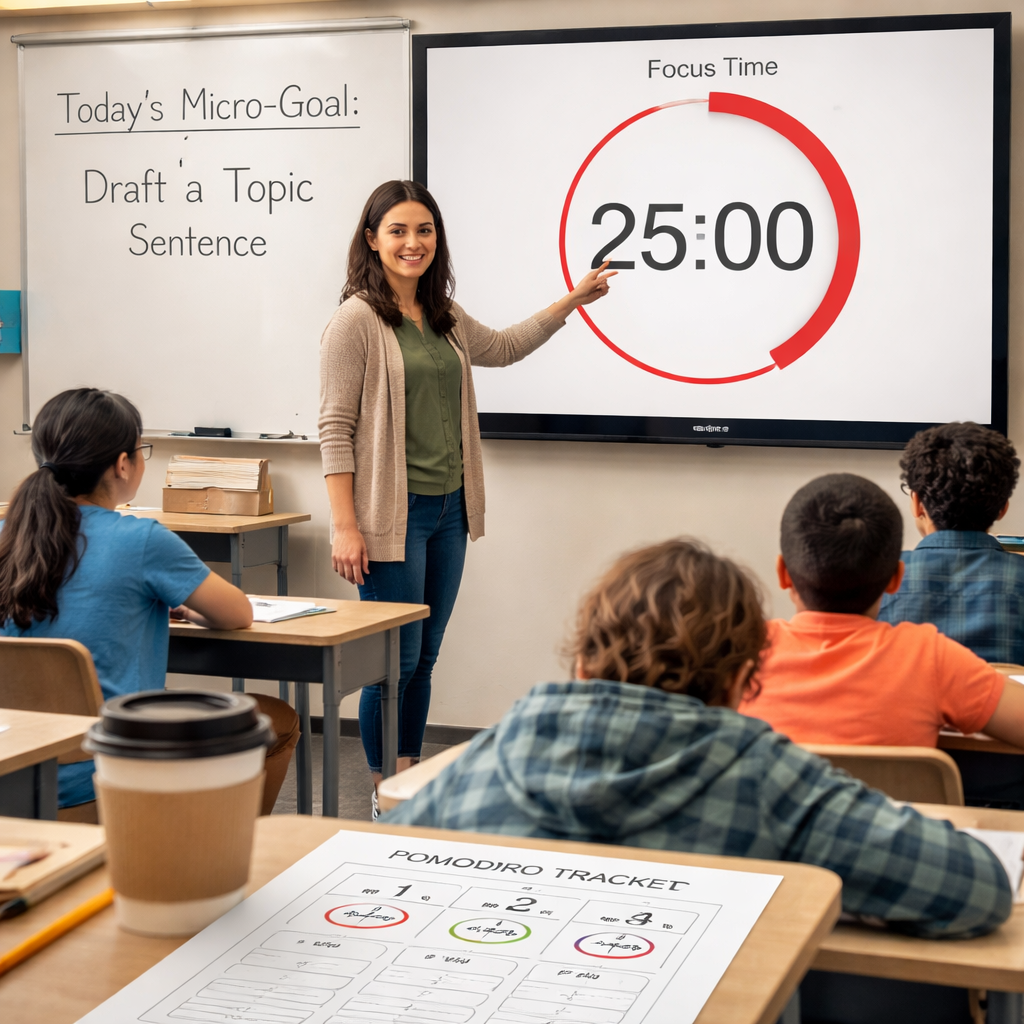 A photorealistic classroom scene showing a teacher pointing at a large digital Pomodoro timer on the wall, students focused on a clear micro-goal written on the board, a short coffee cup on a nearby table, and a printable timer sheet on a desk. Alt: Pomodoro timer for teachers classroom setup.
