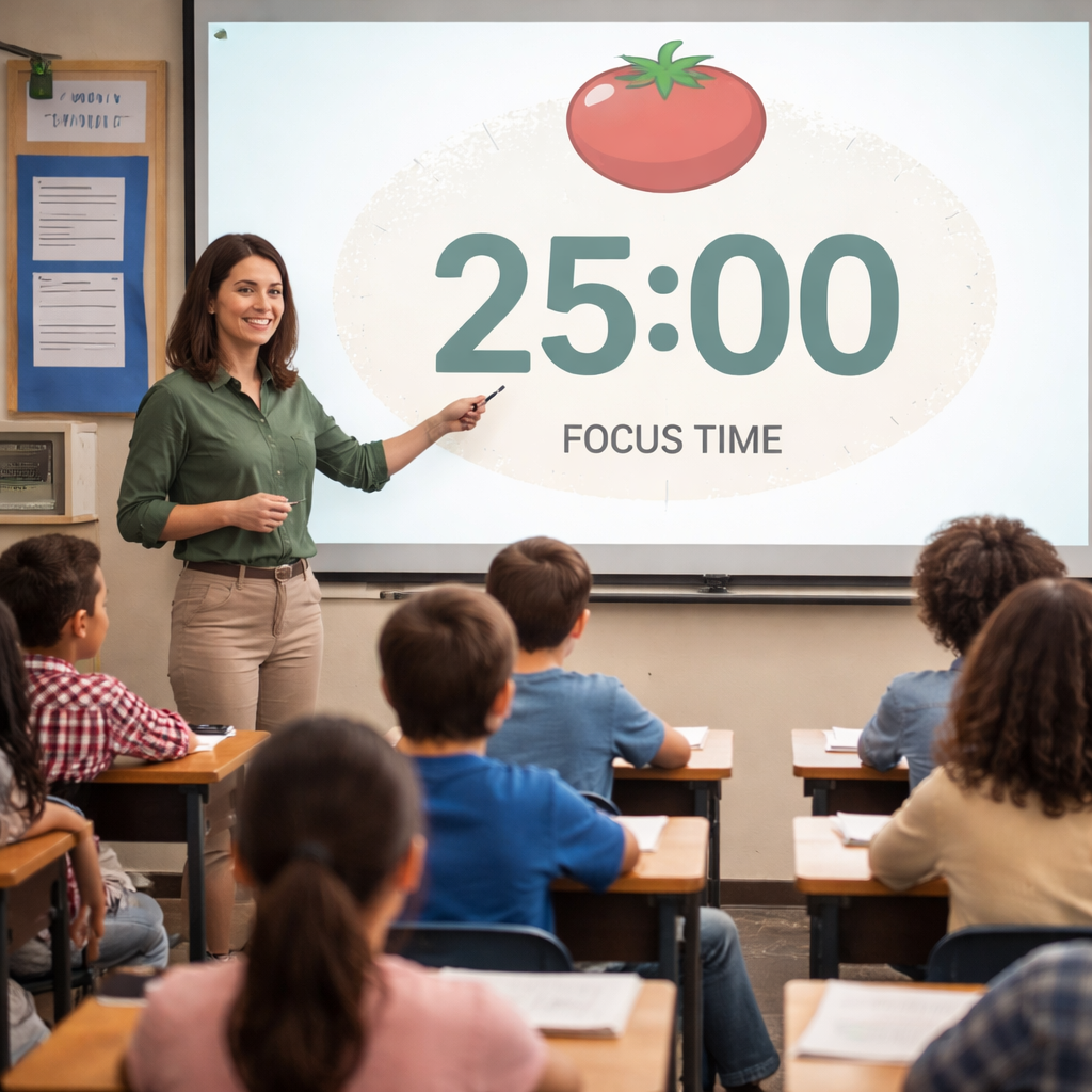 A photorealistic classroom scene where a teacher points to a projected pomodoro timer and students are ready for a focused activity. Alt: pomodoro timer for teachers classroom management design activity.