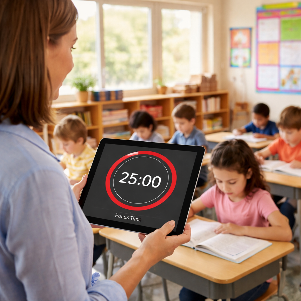 A photorealistic classroom scene showing a teacher holding a large digital pomodoro timer on a tablet while students focus on a reading activity, bright natural light, realistic style. Alt: pomodoro timer for teachers classroom productivity visual guide.