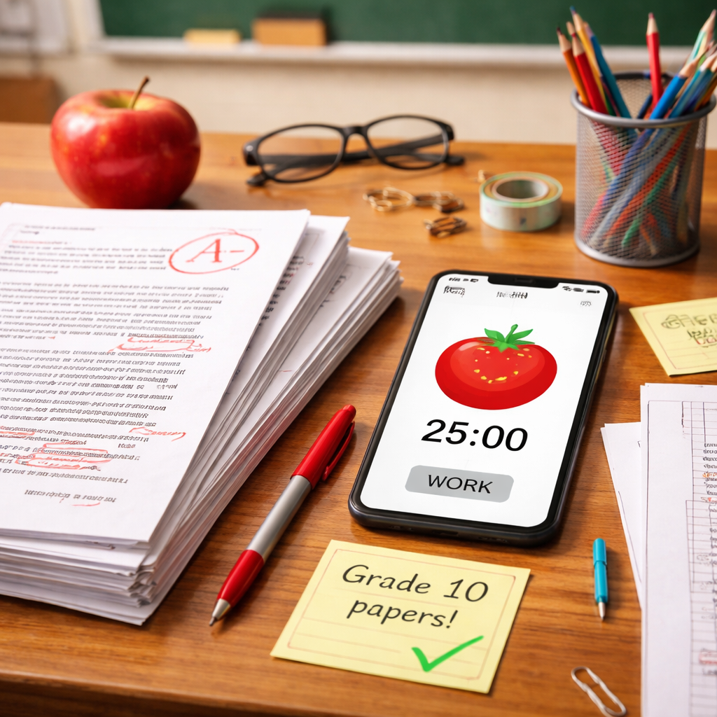 A realistic classroom desk with a phone showing a pomodoro timer, a stack of graded papers, and a sticky note with a grading goal. Alt: pomodoro timer for teachers grading workspace
