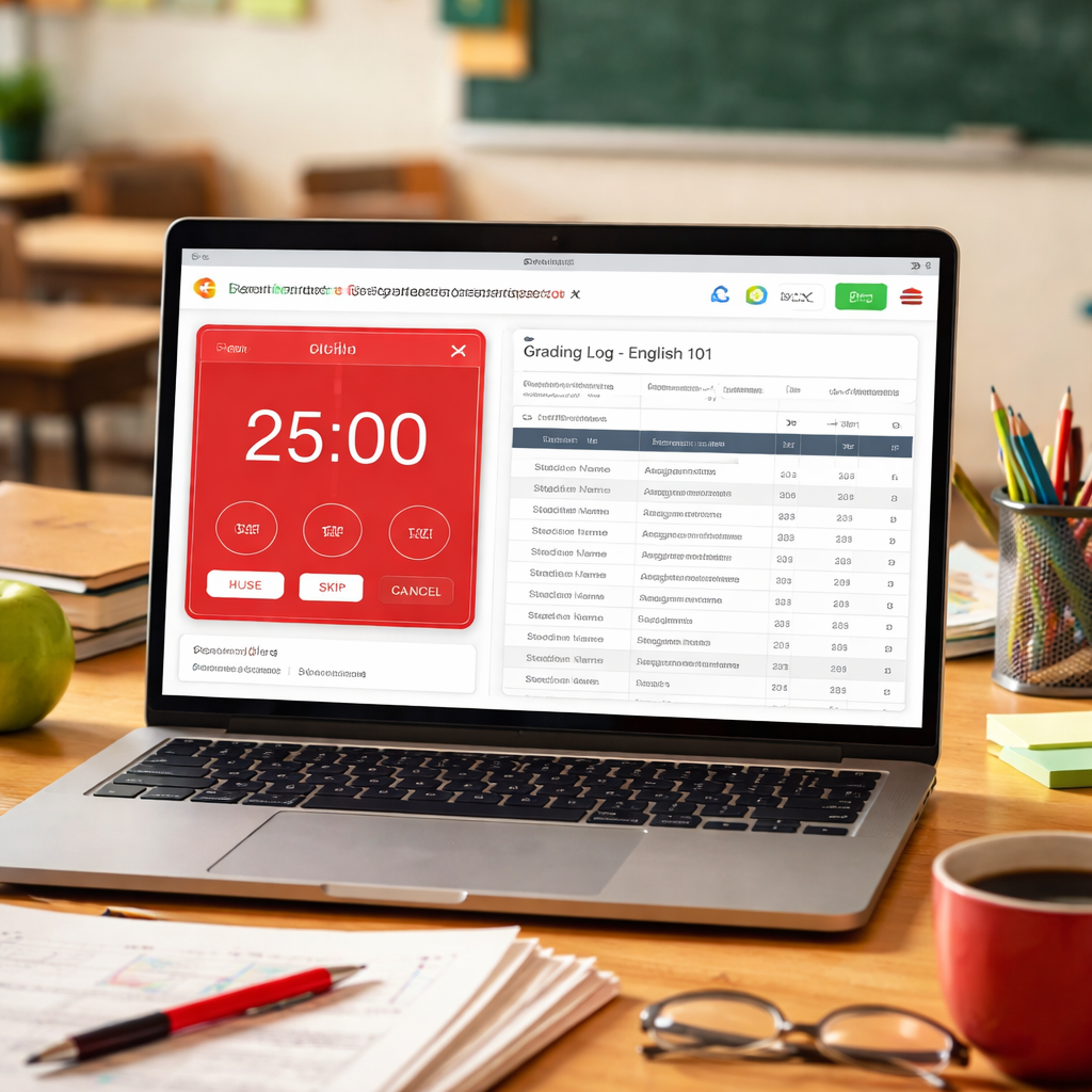A realistic view of a teacher’s laptop screen showing a Pomodoro timer app synced with a Google Sheet of grading logs. Alt: pomodoro timer for teachers grading integrated with classroom tools