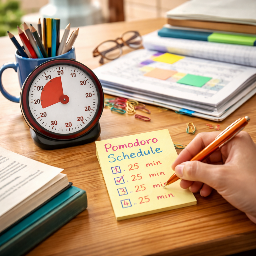 A photorealistic classroom desk with a timer, a teacher's hand marking a Pomodoro schedule on a sticky note. Alt: pomodoro timer for teachers lesson planning.