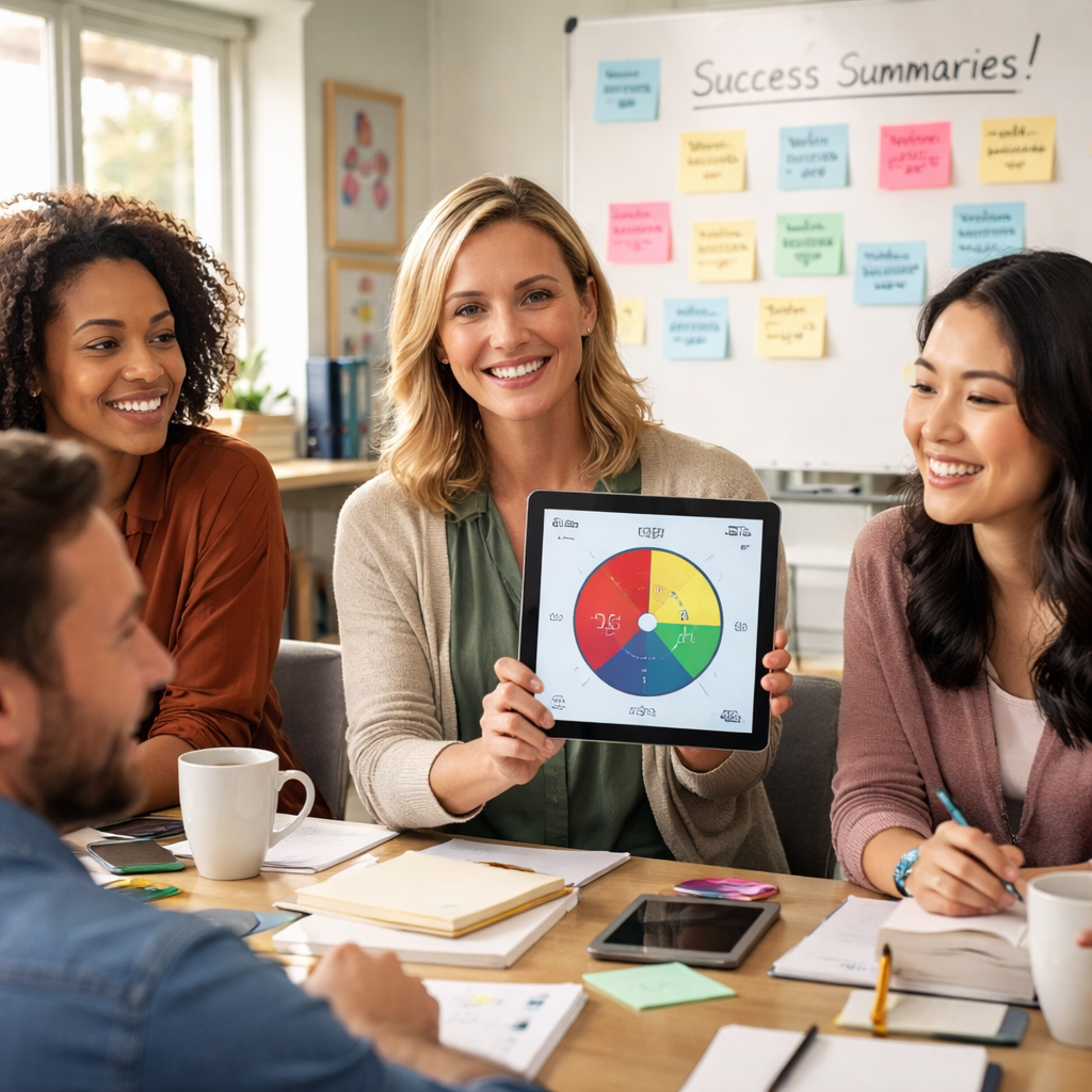A photorealistic classroom staff room with a teacher holding a colorful Pomodoro timer on a tablet, sticky notes on a whiteboard showing short success summaries, natural lighting. Alt: teachers sharing Pomodoro timer success in lesson planning.