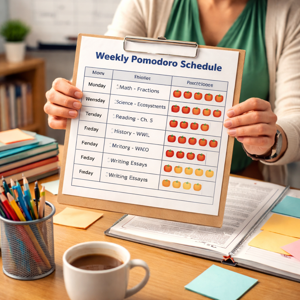A realistic classroom desk with a teacher holding a printed weekly task grid, showing pomodoro blocks beside lesson titles. Alt: teacher weekly pomodoro schedule planning