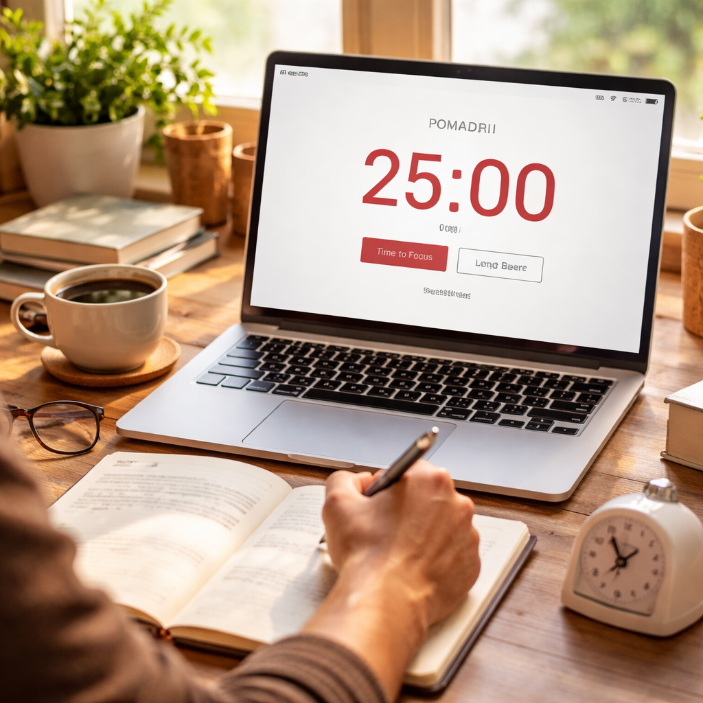 A photorealistic scene showing a writer at a desk with a Pomodoro timer app on a laptop screen, a kitchen timer beside a notebook, bright natural light. Alt: Pomodoro timer for writers choosing a tool.