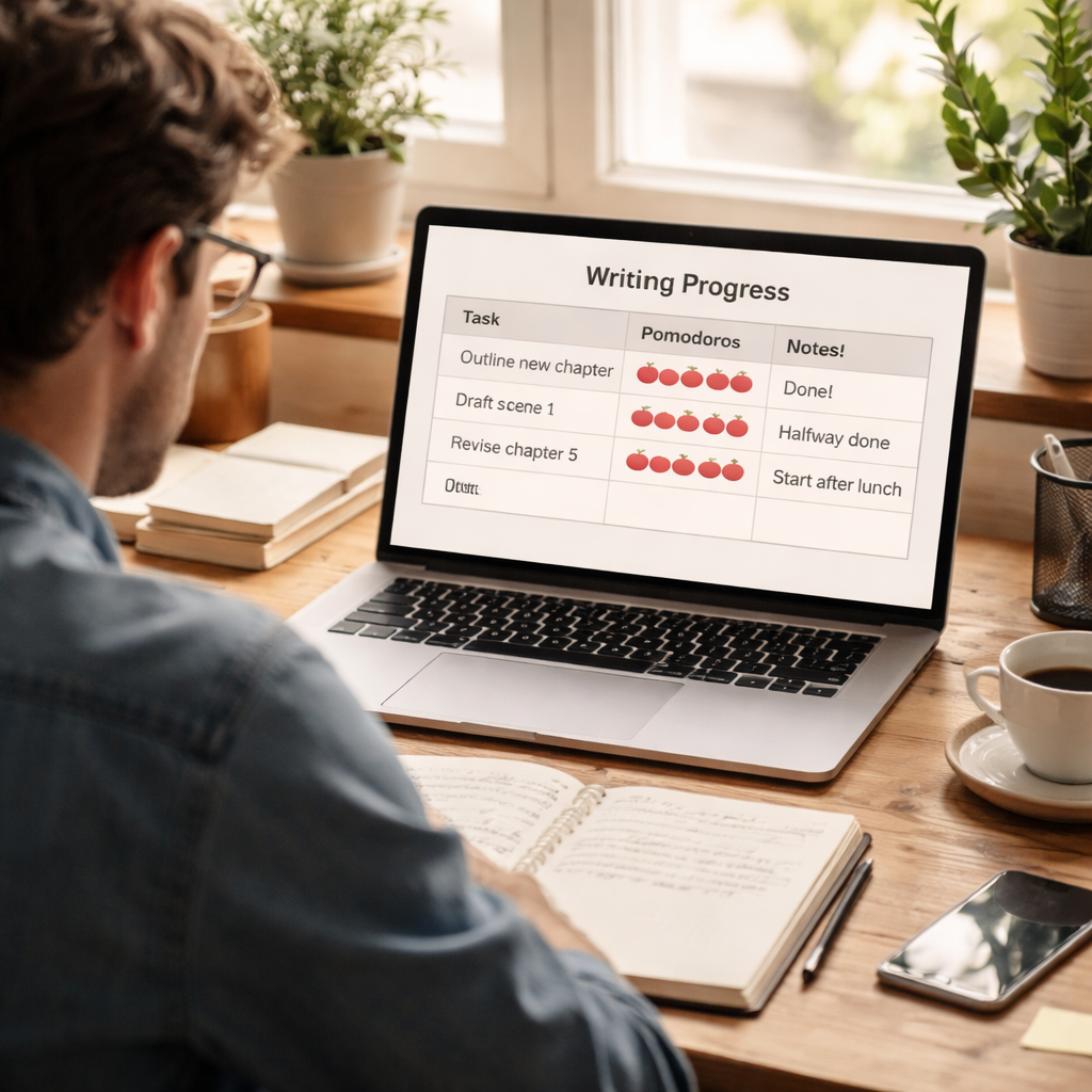 A photorealistic scene of a writer at a desk, looking at a laptop screen displaying a simple progress table with pomodoro counts and notes, natural daylight, calm office setting. Alt: Writer tracking pomodoro progress for writing tasks.