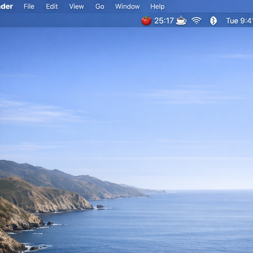 A clean macOS desktop with a subtle Pomodoro timer icon in the menu bar, showing a 25‑minute countdown and a coffee cup icon for break time. Alt: Pomodoro timer mac interface on macOS menu bar