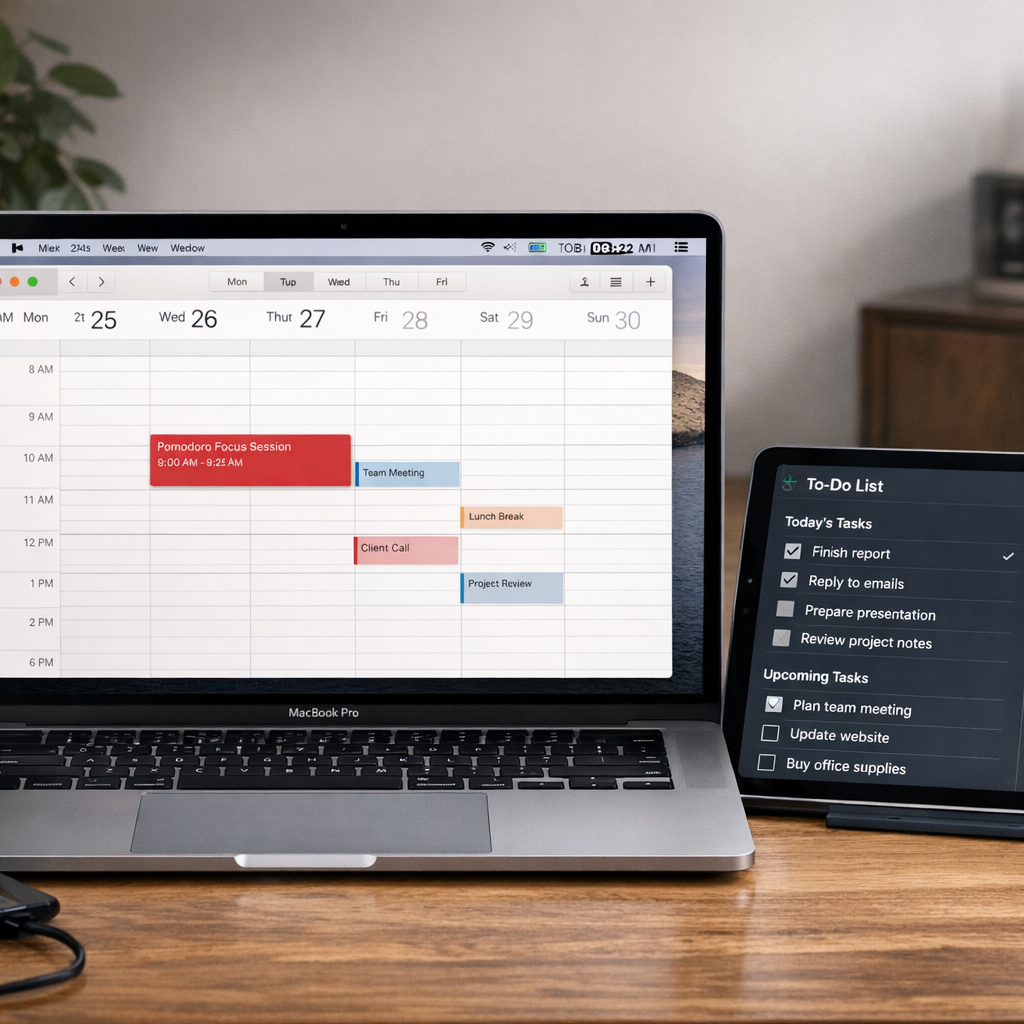 A MacBook screen showing a pomodoro timer in the menu bar, with the Calendar app open highlighting a 25‑minute work block, and a Sidecar iPad displaying a task list. Alt: Integrated pomodoro timer mac workflow with calendar and task manager.