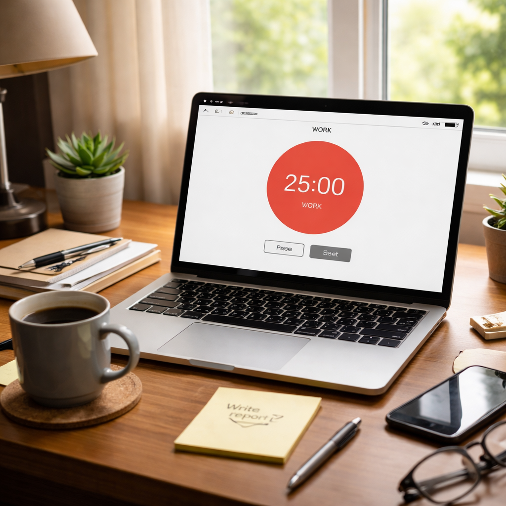 A photorealistic scene of a remote worker’s home office desk, showing a laptop with a pomodoro timer app open, a sticky note with a specific task written, a coffee mug, and a window with soft natural light. Alt: Remote worker using pomodoro timer to boost focus.
