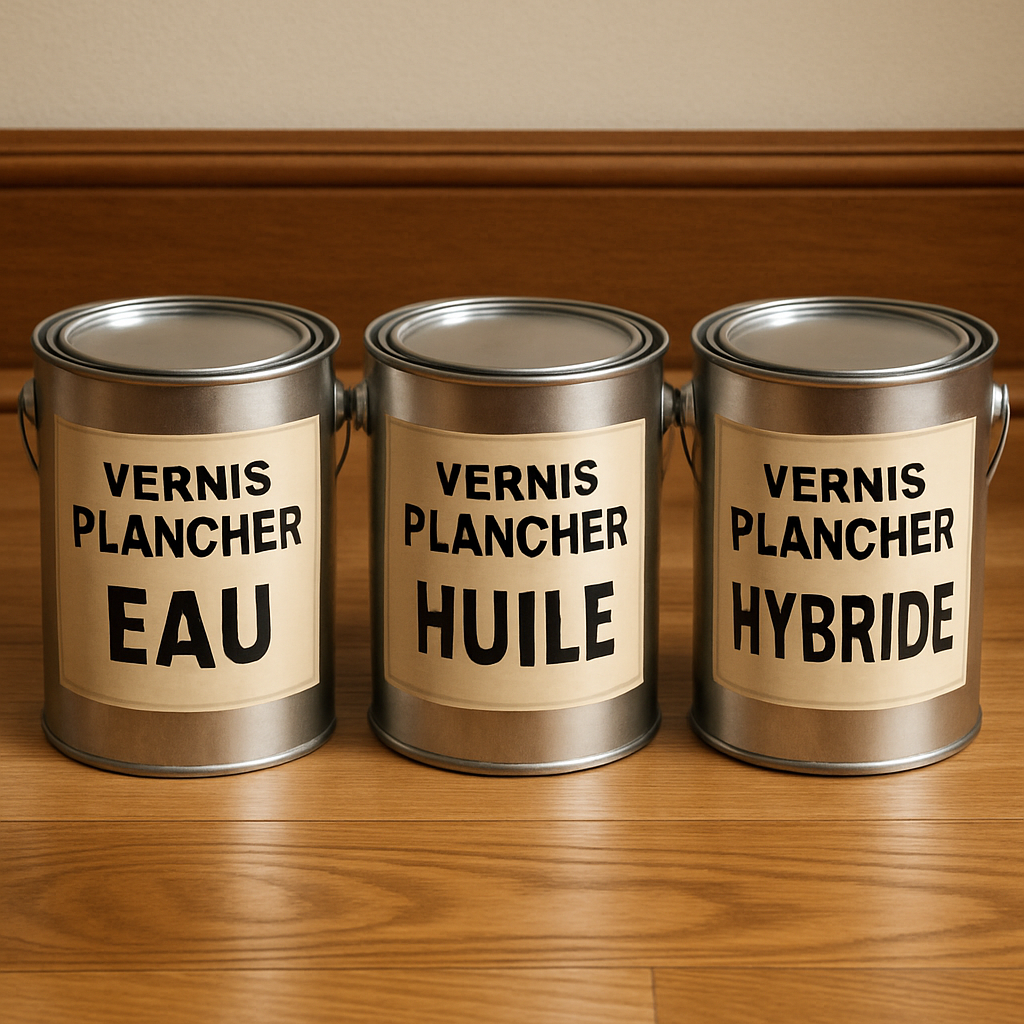 A side‑by‑side comparison of three floor finish cans, showing labels “Eau”, “Huile”, “Hybride”. Alt: tableau comparatif vernis plancher