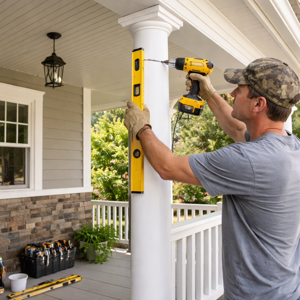 A realistic scene of a homeowner installing a porch column with a drill and level, showing both the column and surrounding porch. Alt: DIY porch column installation process and cost implications.