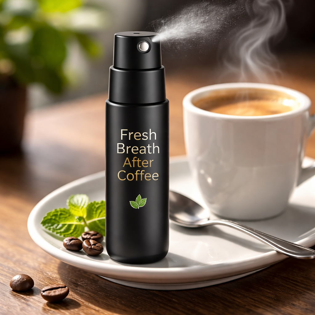A photorealistic close‑up of a sleek, matte‑black portable oral spray bottle perched on a coffee cup saucer, with a faint mist emerging from the nozzle, a steaming espresso in the background, and soft natural light highlighting the bottle’s label that reads “Fresh Breath After Coffee”. Alt: Portable oral spray for fresh breath after coffee on a coffee table.