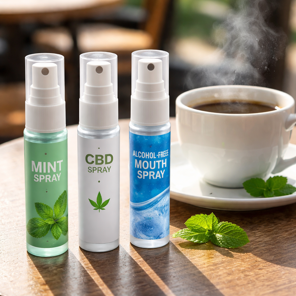 A photorealistic close‑up of three portable oral spray bottles on a café table – one with a mint green label, one with a sleek white CBD logo, and one with a blue alcohol‑free mouthwash design. A steaming cup of coffee sits beside them, soft morning light highlighting the mist droplets. Alt: Comparing portable oral spray options for fresh breath after coffee.