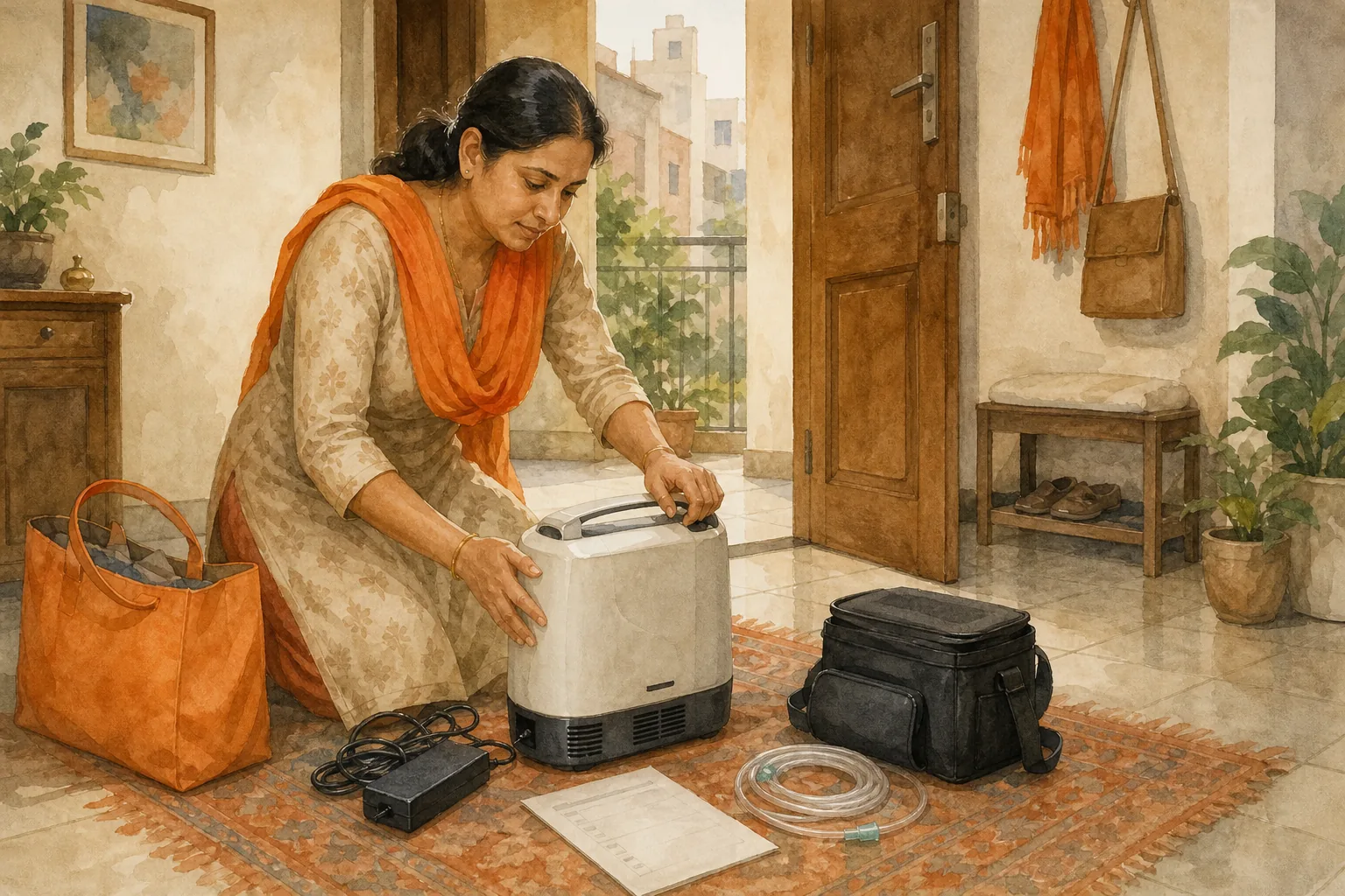 Portable oxygen concentrator rental add-ons prepared for an outing in India.