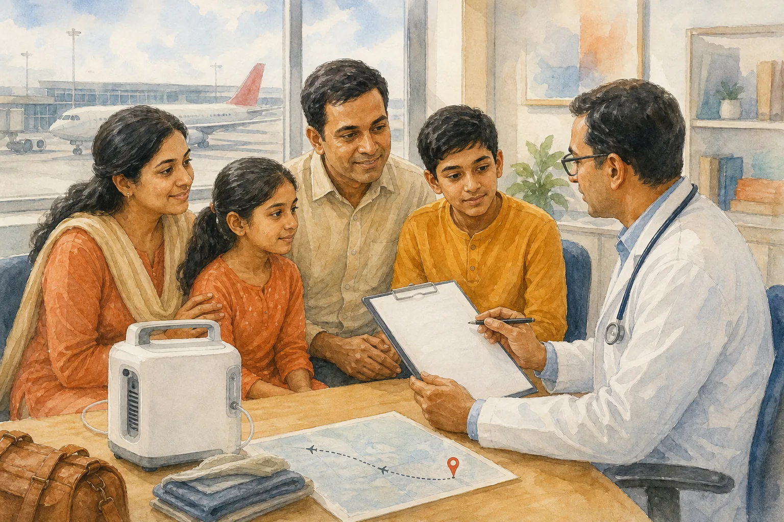 Indian family checking a portable oxygen concentrator prescription before travel.