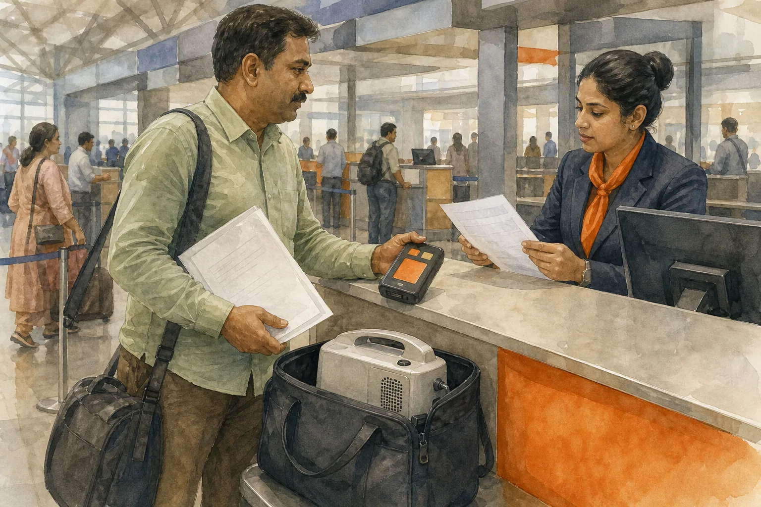 Airline paperwork and portable oxygen concentrator approval for an Indian traveller.