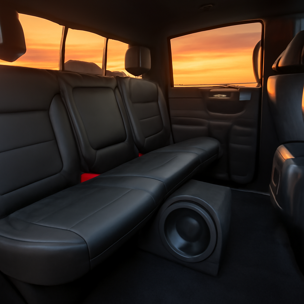A sleek pickup truck interior at sunset, showing a custom‑mounted ported subwoofer box with a visible vent tube under the rear seat. Alt: ported subwoofer box installation in a truck, enhancing bass performance.