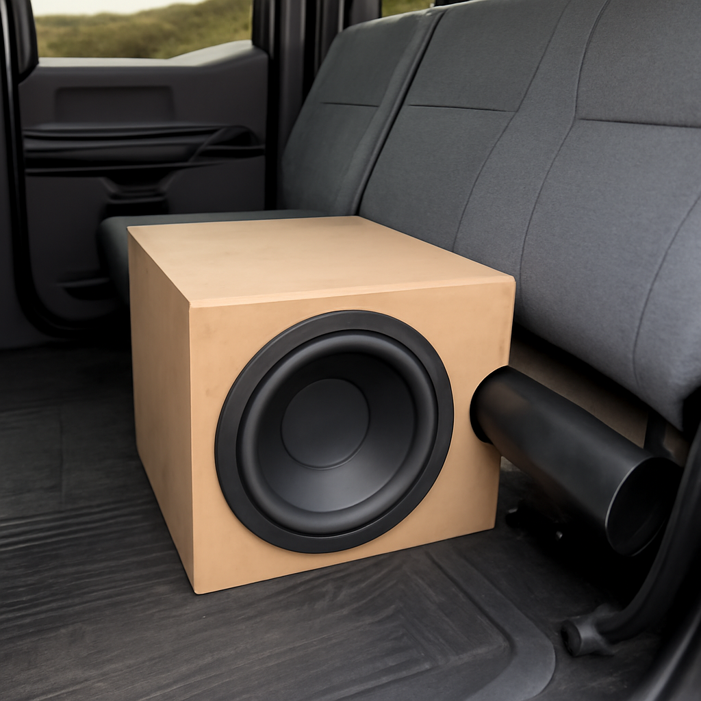 A truck interior showing a custom‑built ported subwoofer box installed under the rear seat, with the vent tube exiting through the rear bulkhead. Alt: Ported subwoofer installation in a truck cabin.