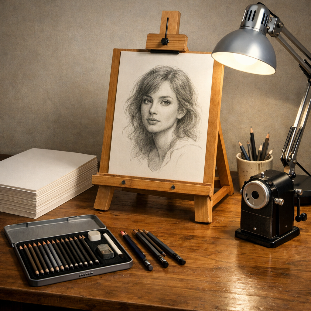 A realistic study table with a wooden easel, a stack of heavyweight cartridge paper, a set of professional graphite pencils, a rotary sharpener, and a daylight‑balanced lamp. Alt: portrait drawing workspace essentials