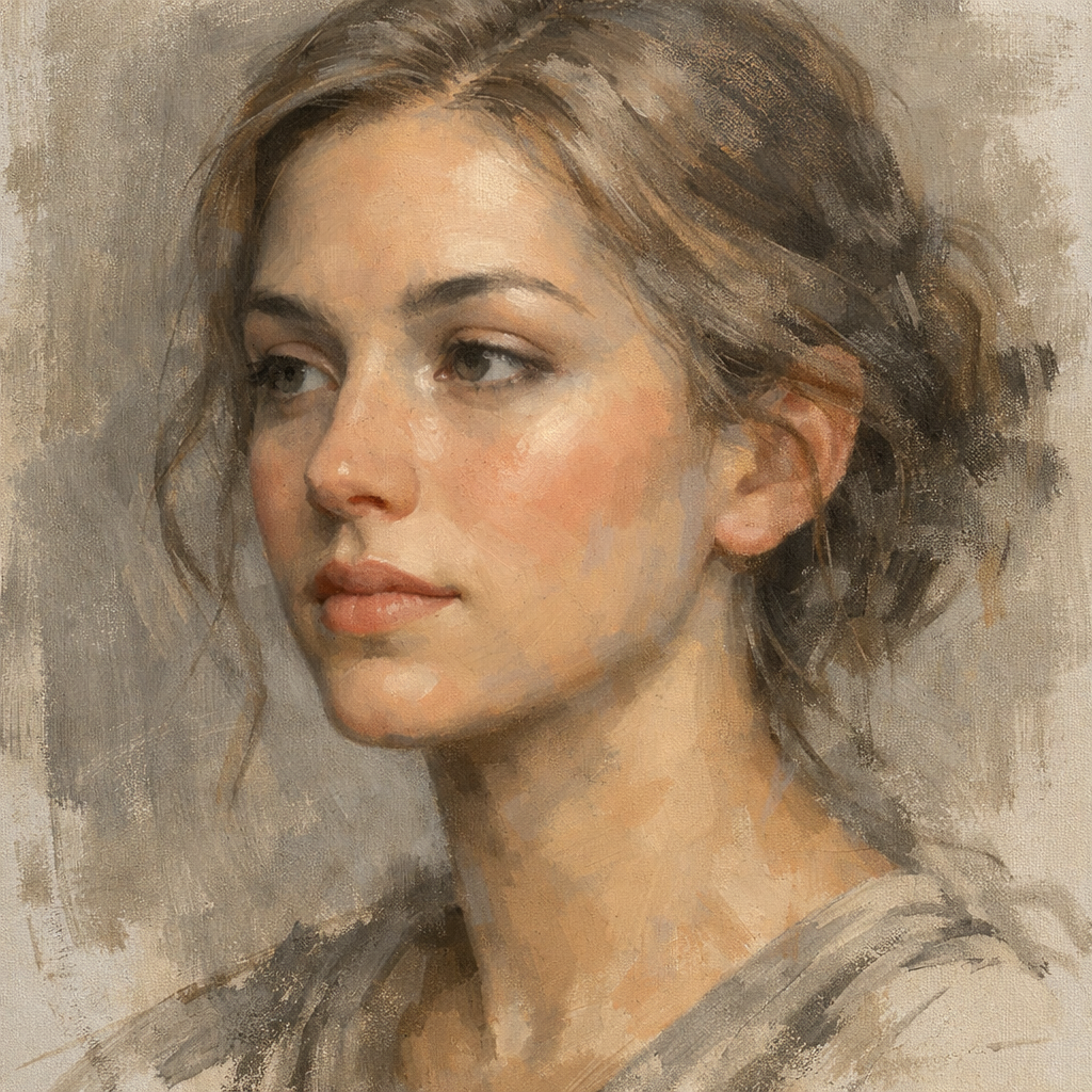 A realistic portrait in progress, showing a grayscale underpainting with a light wash of warm skin tones applied on top, brush strokes visible, soft lighting. Alt: portrait drawing with color layers