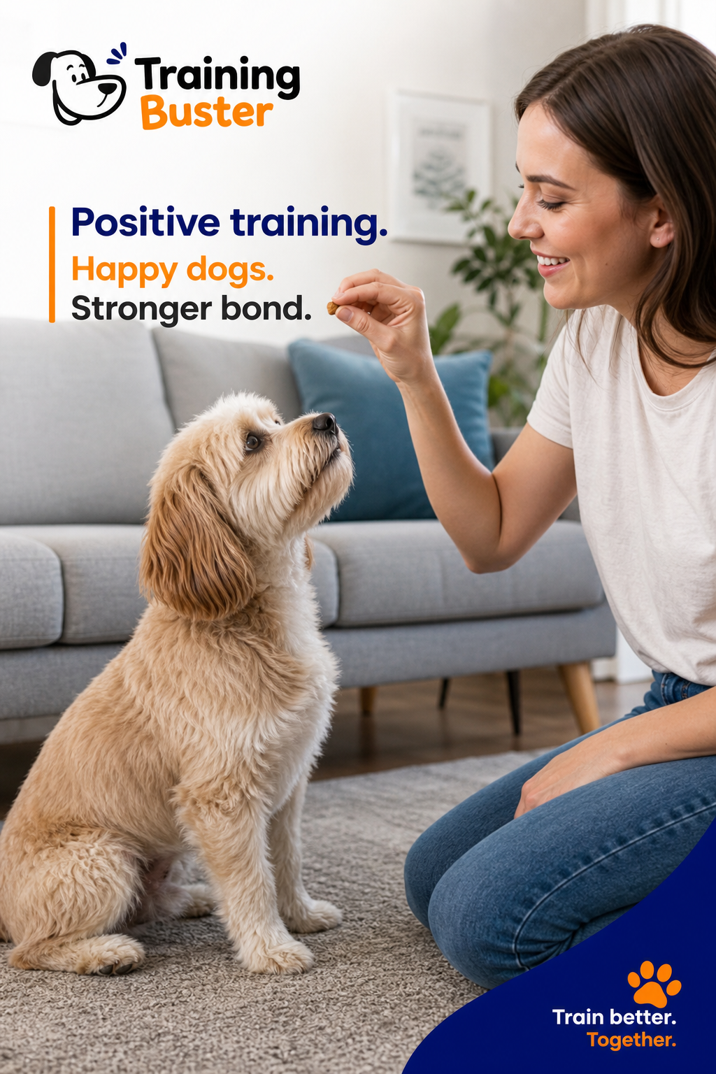 A realistic photo of a dog owner holding a small treat in front of a dog's nose, with the dog looking up expectantly in a living room setting. Alt: Positive reinforcement dog training with treat reward.