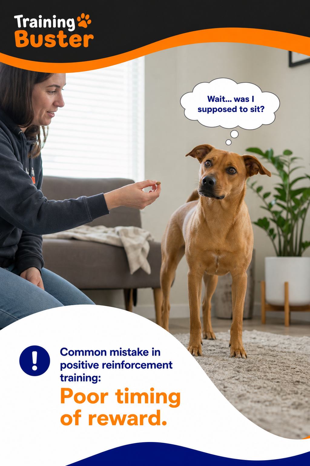 A realistic photo of a person accidentally treating a dog while it's standing up instead of sitting, with confused dog expression. Alt: Common mistake in positive reinforcement training - poor timing of reward.