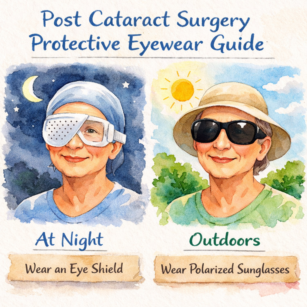 Watercolor style illustration of a person wearing protective eye shield at night and polarized sunglasses outdoors. Alt: post cataract surgery protective eyewear guide