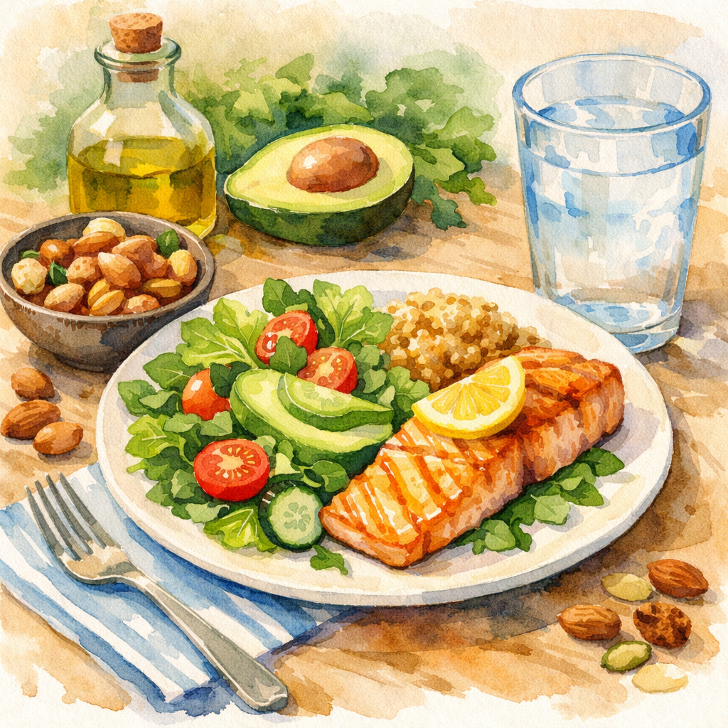 Watercolor style scene of a balanced meal with leafy greens, fish, nuts, and a water glass. Alt: post cataract surgery nutrition and hydration guide