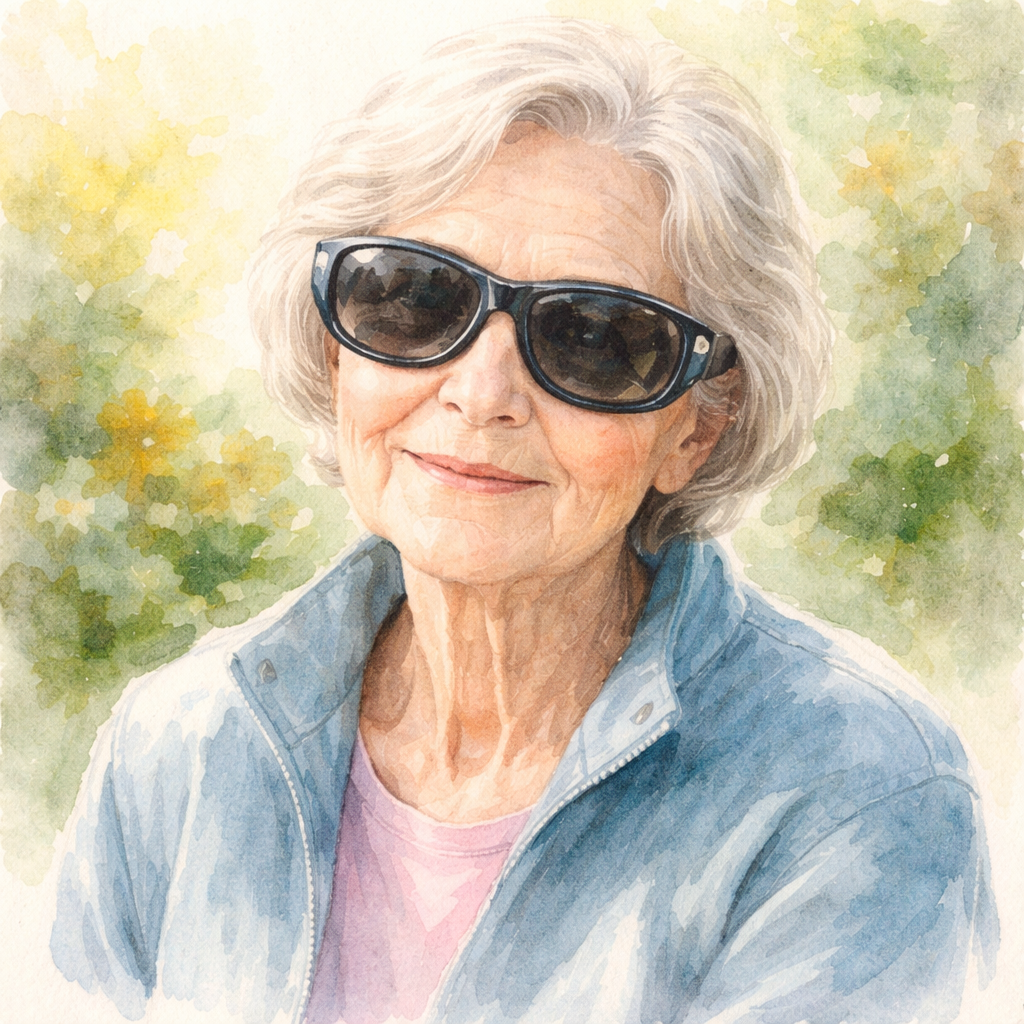 Watercolor illustration of a patient wearing protective sunglasses after eye surgery, showing gentle light and safe eyes. Alt: protective eyewear after cataract surgery