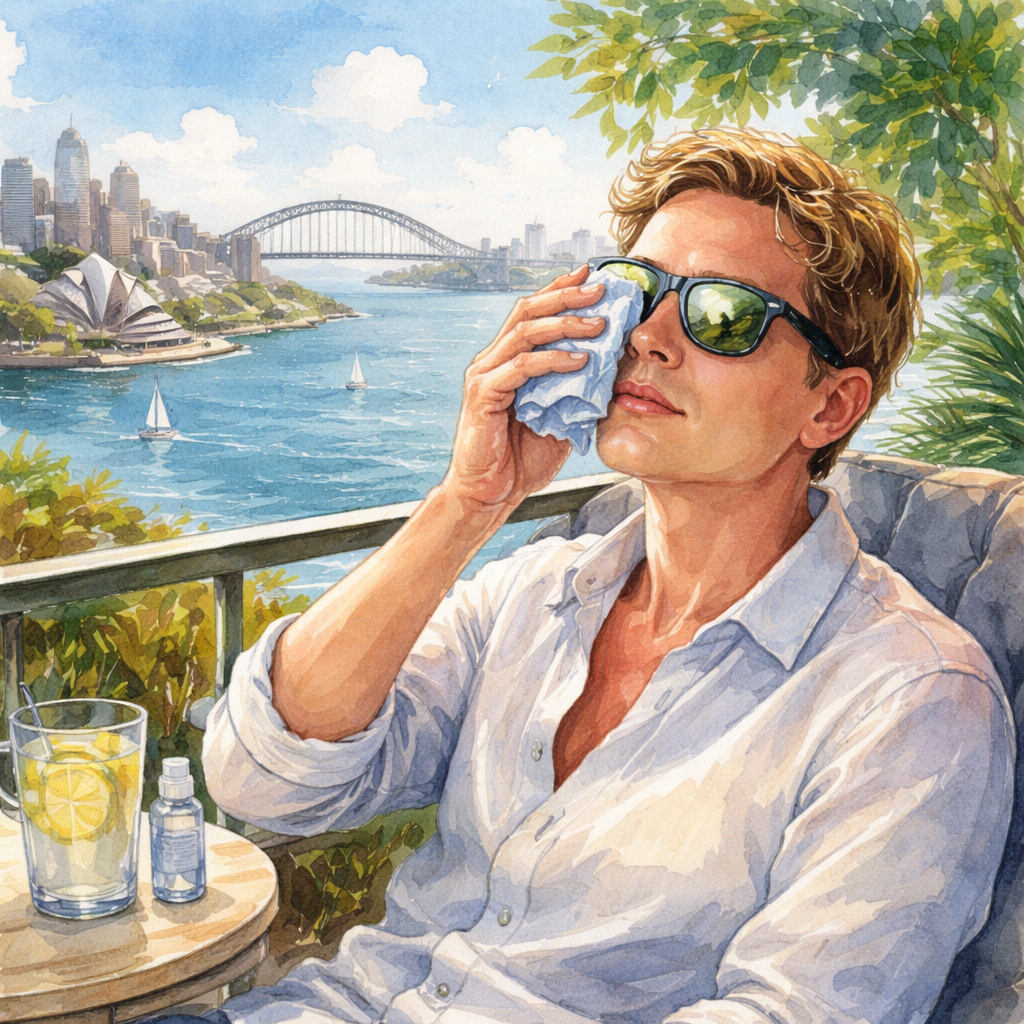 A watercolor painting of a relaxed person sitting on a Sydney balcony, gently pressing a cool washcloth to their eye, wearing polarized sunglasses, with the harbour in the background. Alt: post cataract surgery eye care tips Sydney managing symptoms