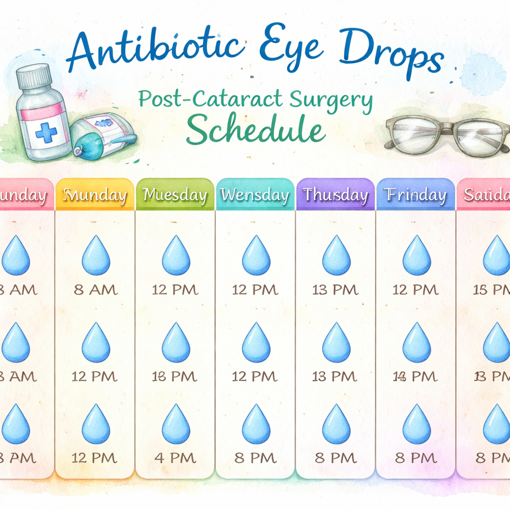 Watercolor illustration of a simple weekly calendar with drop icons for each day, showing a clear, easy‑to‑follow schedule for antibiotic eye drops after cataract surgery. Alt: post cataract surgery antibiotic drops schedule visual guide