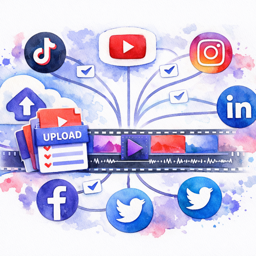 Watercolor illustration of a video timeline with multiple social media icons branching out, showing bulk upload workflow. Alt: bulk video upload workflow across platforms
