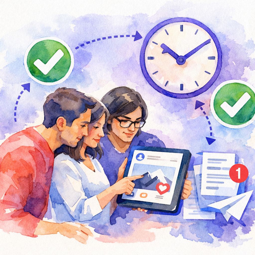 Watercolor scene of a team reviewing a social post on a tablet, with check marks and a clock. Alt: approval workflow for social posts