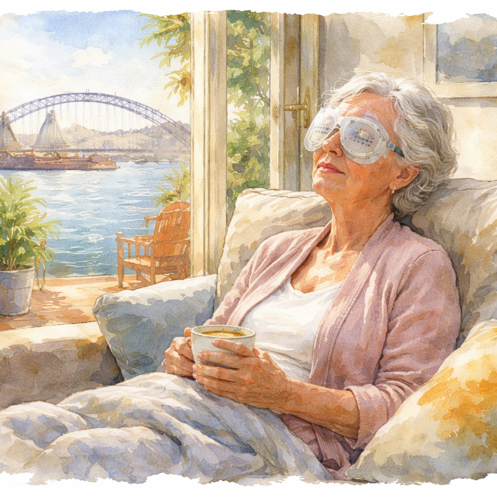 A descriptive prompt for an AI image generator, related to the surrounding text. Alt: Postoperative care cataract surgery—eye protection and gentle recovery. Watercolor style, Sydney setting, patient with shield resting at home.