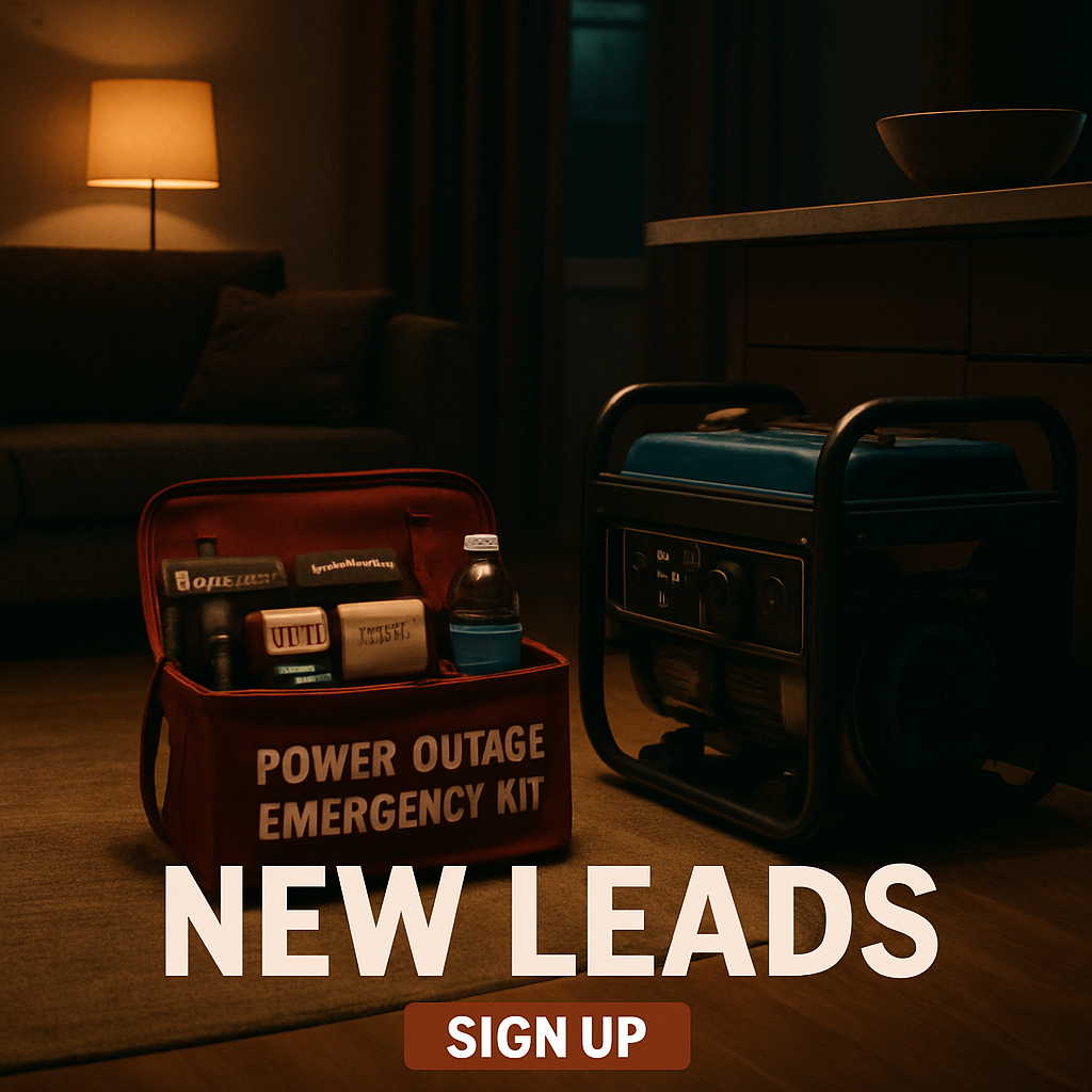 A cozy living room with a portable generator tucked beside a sleek, modern kitchen island, showing a power outage kit tote open with labeled items. Alt: power outage emergency kit checklist household power needs assessment