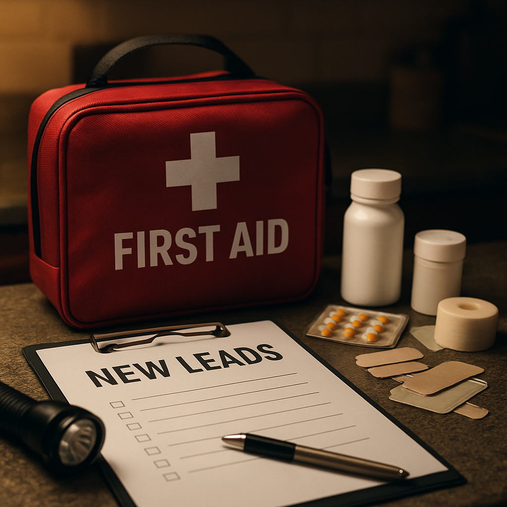 A well‑stocked first‑aid kit on a kitchen counter, with bandages, medication, and a flashlight visible. Alt: First aid kit for power outage emergencies