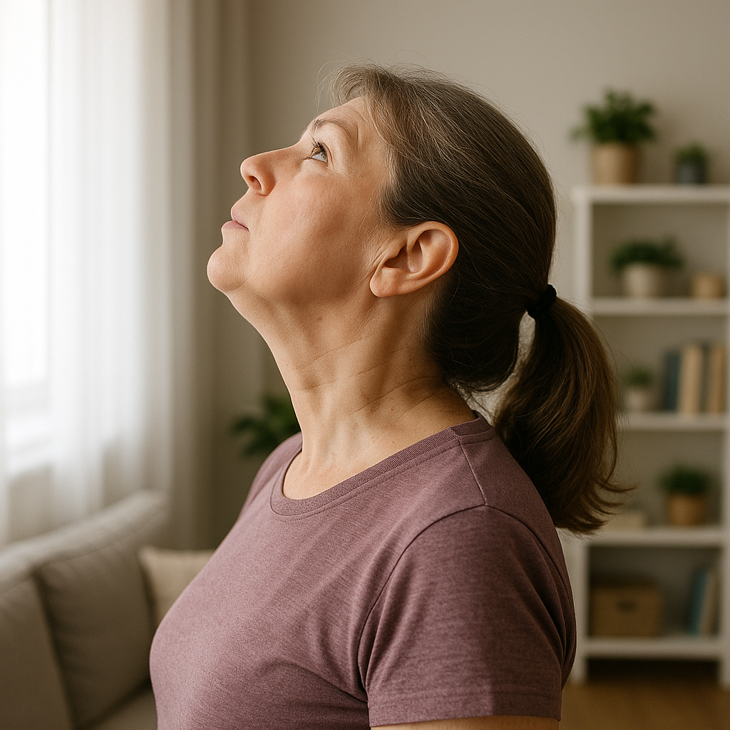 A side profile of a middle-aged woman performing chin-to-ceiling exercises at home. Alt: How to get rid of double chin without surgery with targeted chin exercises.