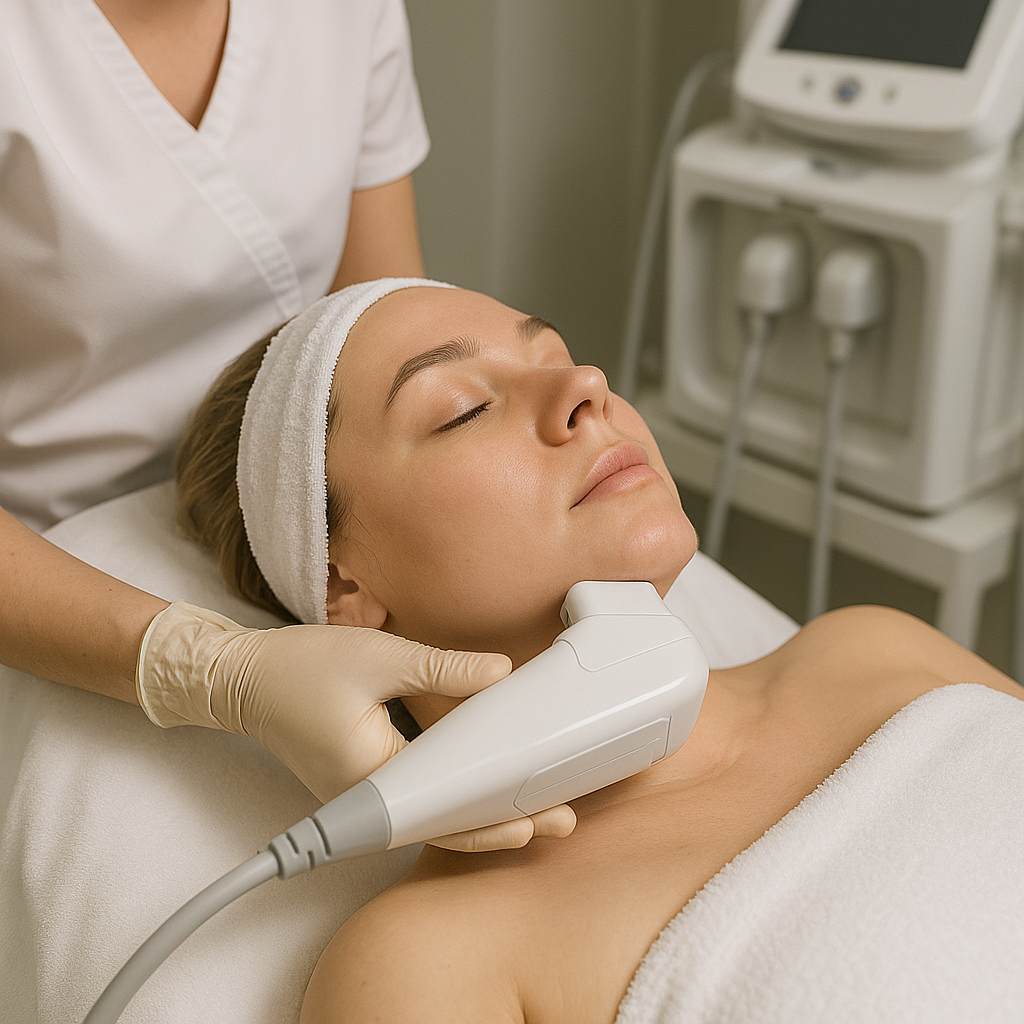 Patient undergoing a non-surgical skin tightening treatment around the chin area in a cosmetic clinic. Alt: Modern non-surgical treatments to get rid of double chin without surgery.