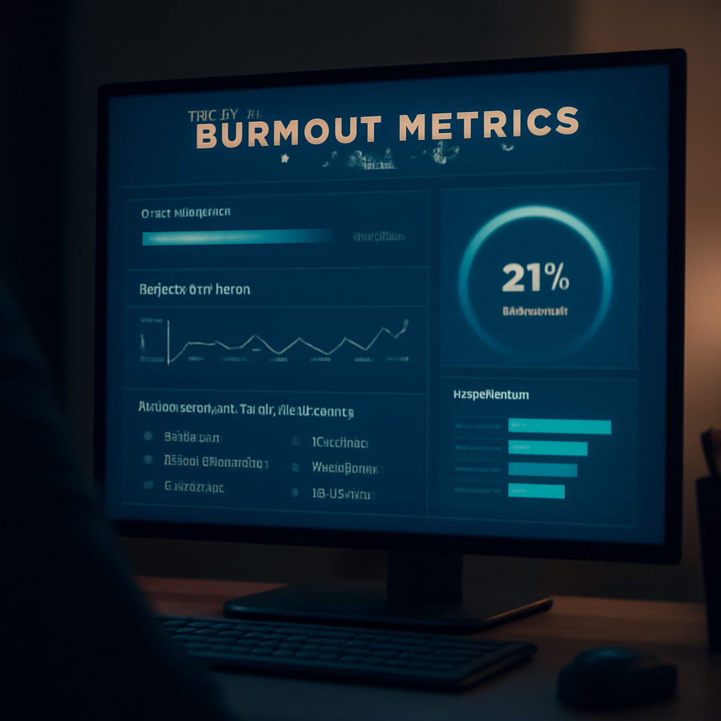 A descriptive prompt for an AI image generator, related to the surrounding text. Alt: burnout metrics dashboard for clinicians.