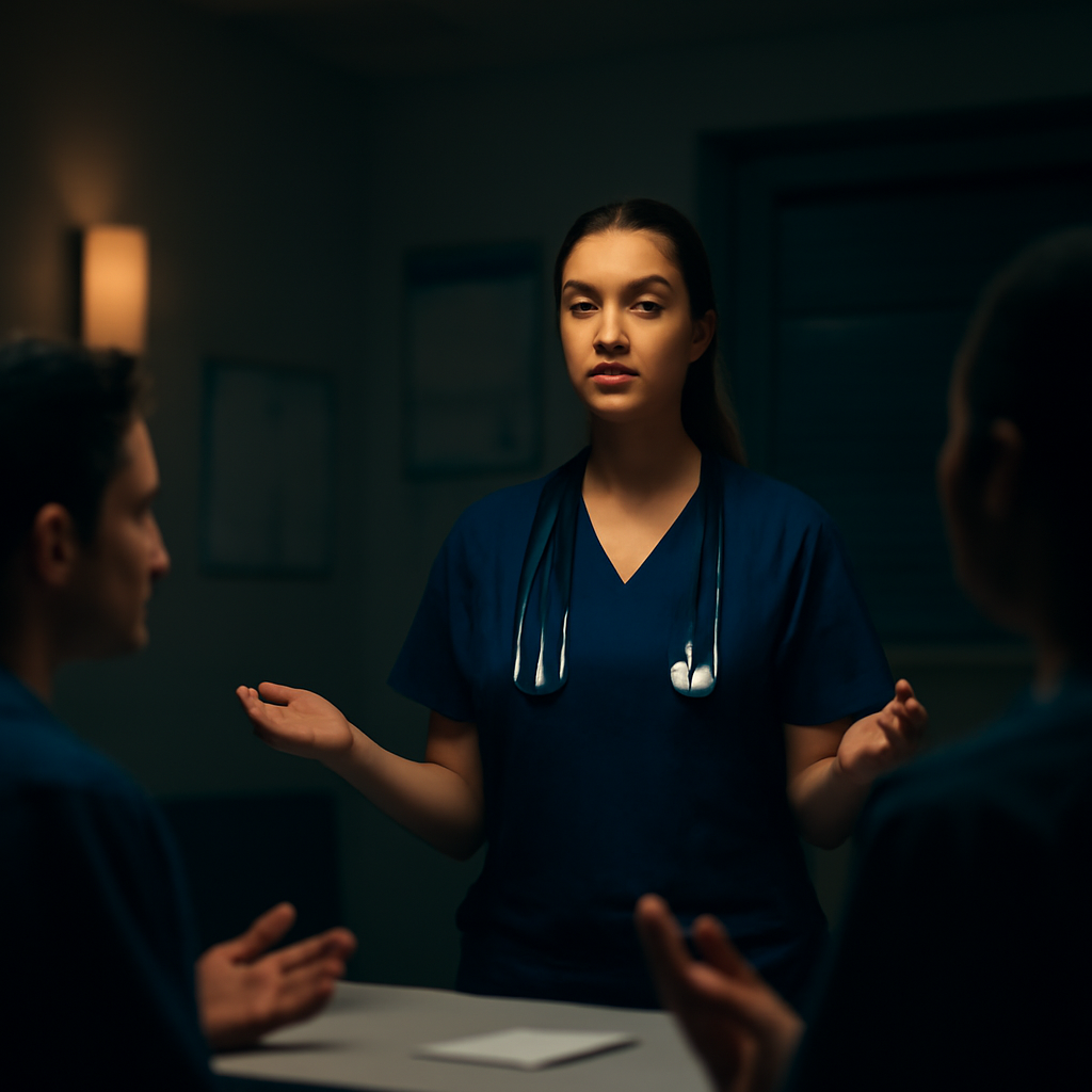 A descriptive prompt for an AI image generator, related to the surrounding text. Alt: A clinician leading a brief mindfulness pause during a night shift.