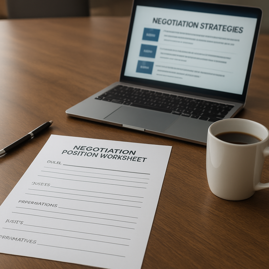 A professional meeting table with printed negotiation worksheets, a laptop showing a slide deck, and a coffee mug. Alt: negotiation position worksheet printed on high‑quality paper for business negotiations.