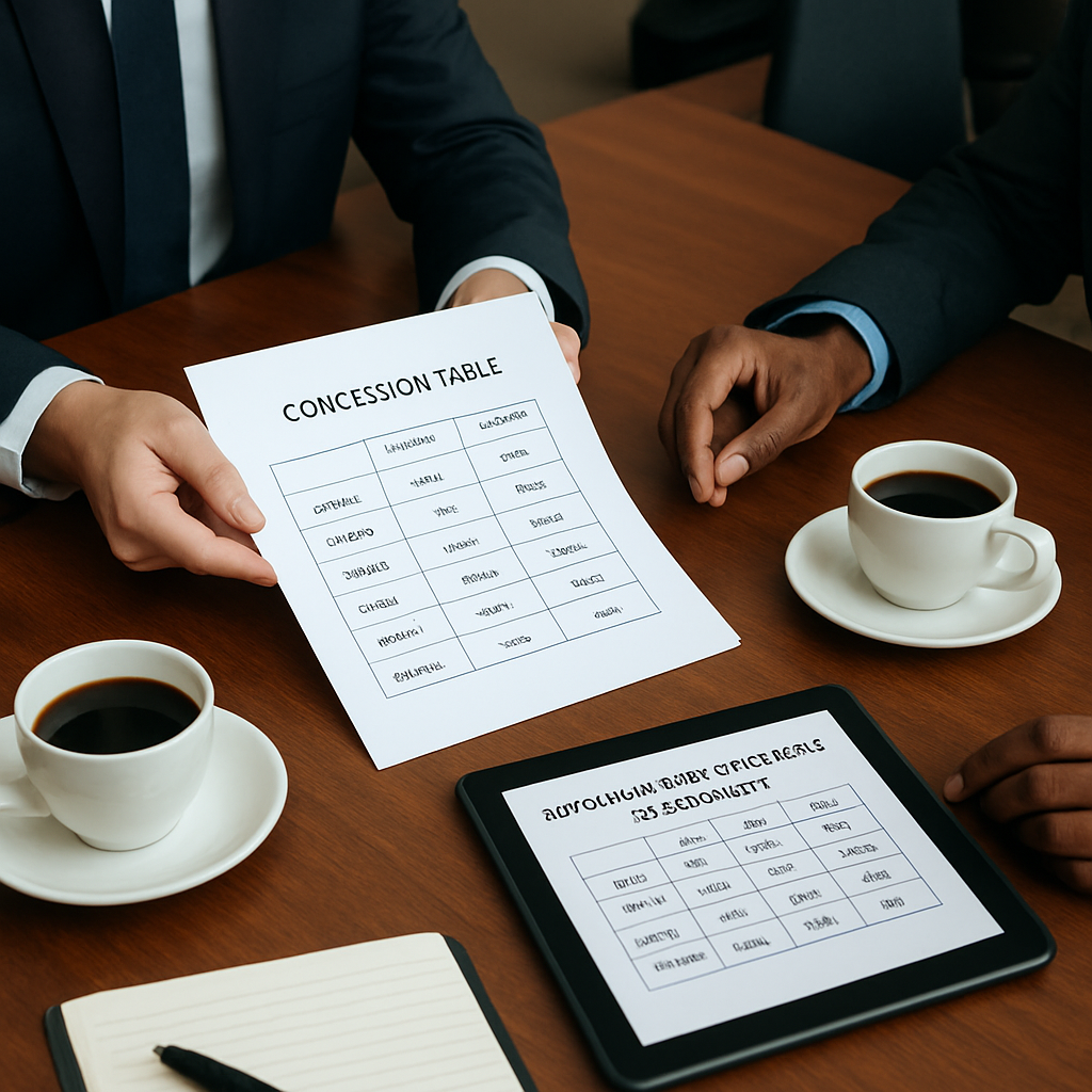 A conference room scene where a negotiator hands a printed concession table to a counterpart, both reviewing the trade‑off options over coffee. Alt: Negotiation trade‑off worksheet on a sleek tablet beside a notepad.