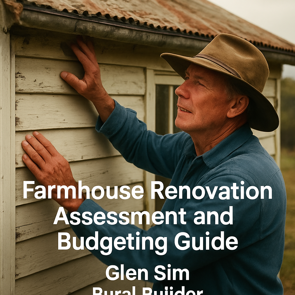 A seasoned builder in a wide-brim hat inspecting a weather‑worn farmhouse exterior, focusing on roof and cladding condition. Alt: farm house renovation assessment and budgeting guide