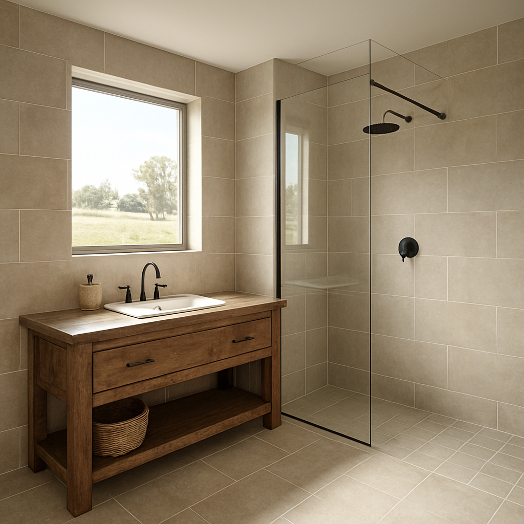 A modern rural bathroom with porcelain tiles, a sturdy timber vanity, and a walk‑in shower, bright natural light streaming in, showcasing durable finishes suitable for a farm property. Alt: Bathroom renovations Tamworth durable rural bathroom design