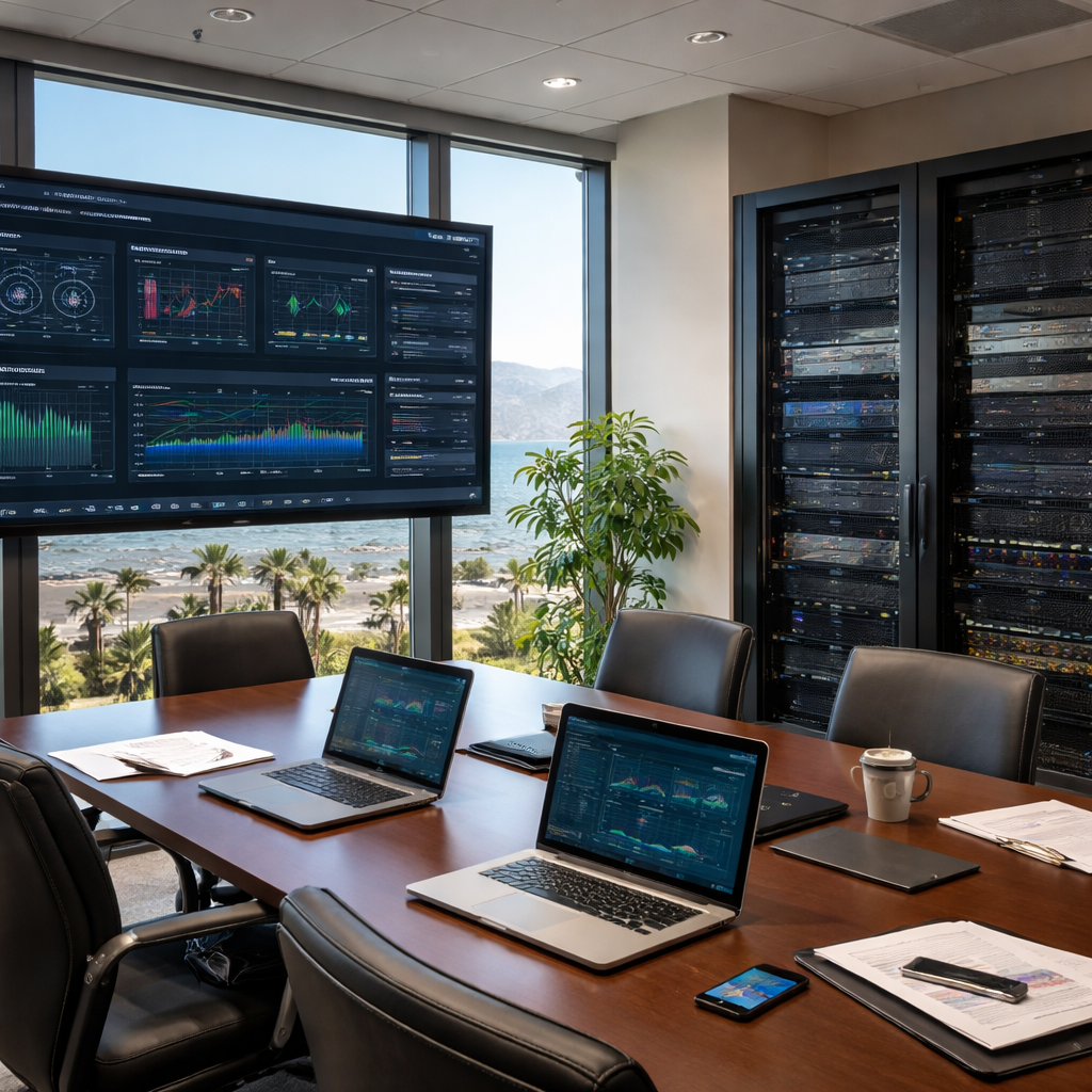 A photorealistic office scene in a Monterey-area law firm. A conference room with laptops, a security dashboard on a screen, and a server rack in view. Alt: Monterey-area law firm IT infrastructure in action.